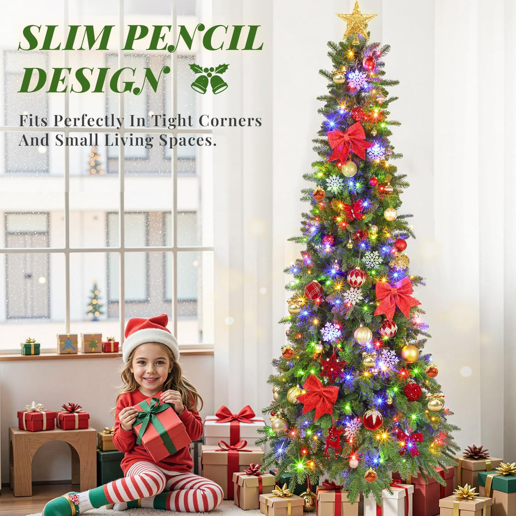 7.5FT Prelit Slim Pencil Rotating Christmas Tree with Lights Remote Control