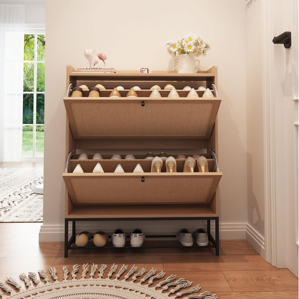Narrow Shoe Storage Cabinet with 2 Flip Drawers, Freestanding Shoe Organizer Slim Shoe Cabinet Storage, Wooden Closed
