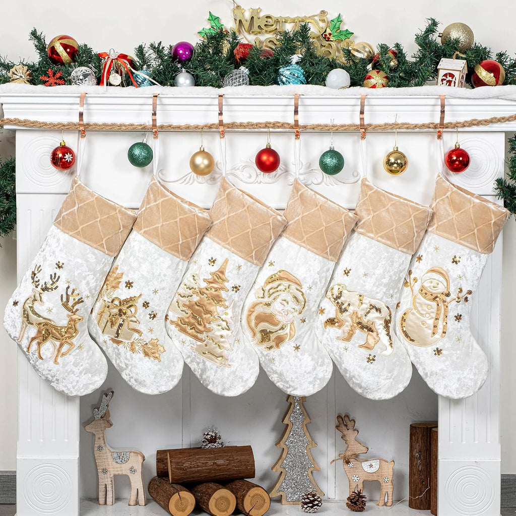 New Christmas Stockings Set of 6 Embroidered 20" Xmas Family Traditional Fireplace Hanging Gold Sequin Decor Velvet