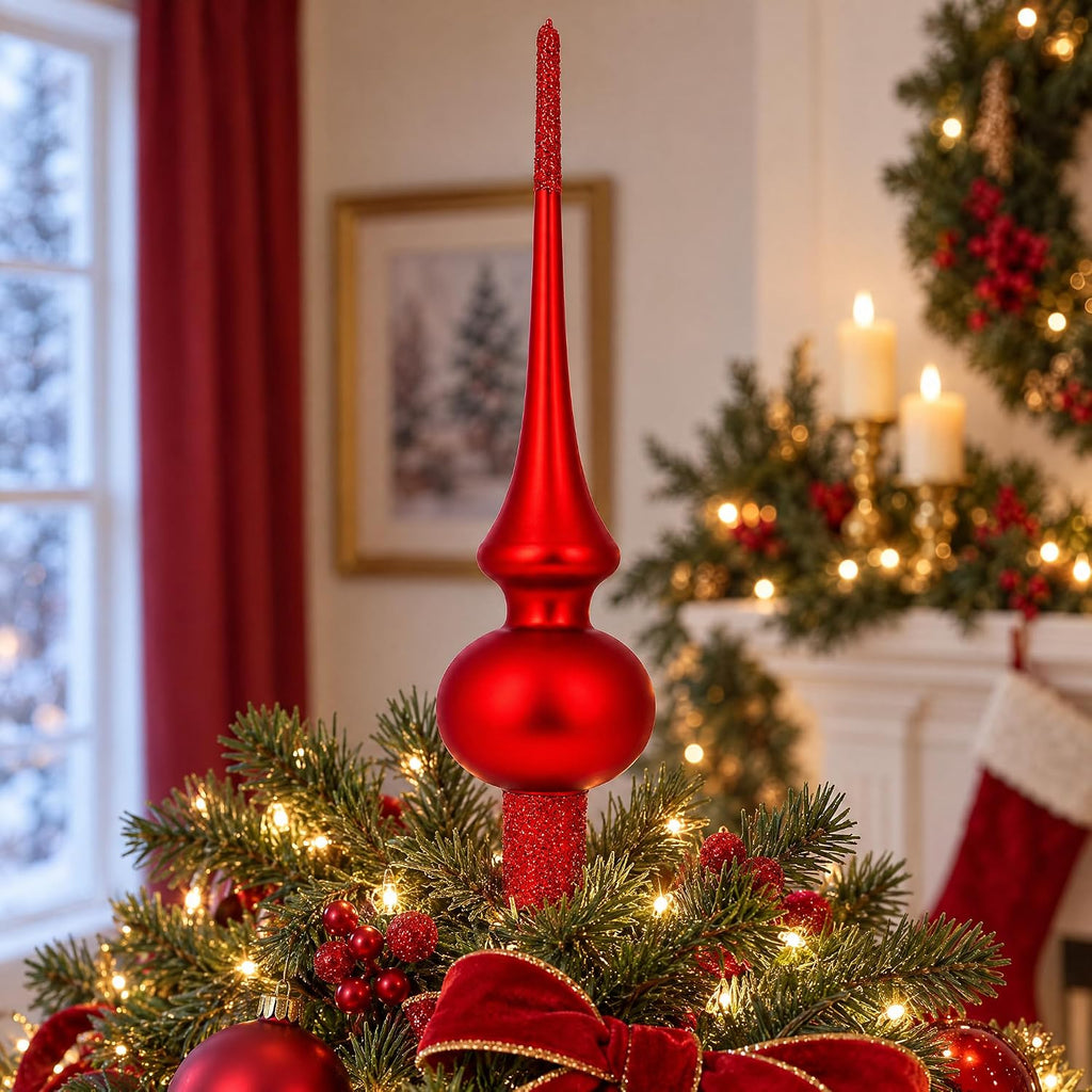 Matte Red with Sparkling Top Glass Christmas Tree Topper 11 Inches