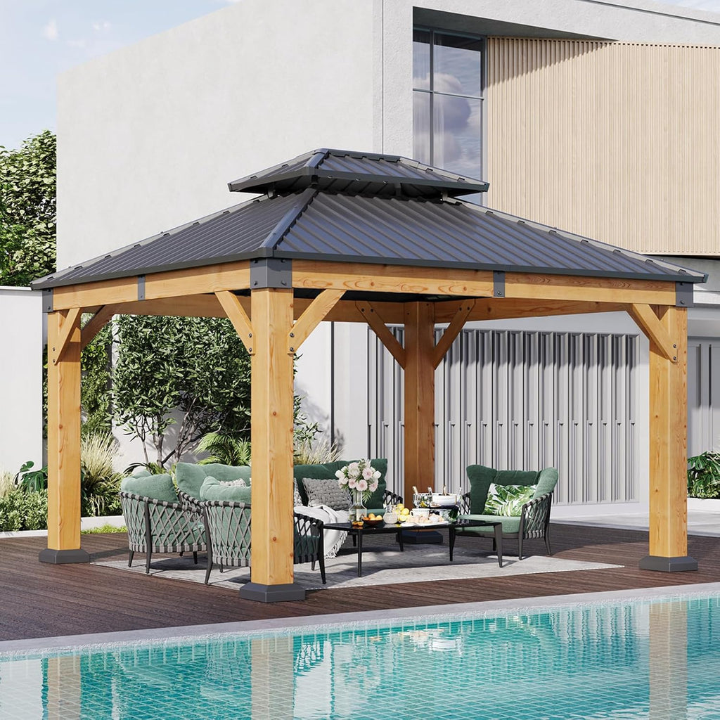 10' x 12' Outdoor Wood Gazebo, Hardtop Gazebo Permanent Wooden Pavilion with Galvanized Steel Double Roof