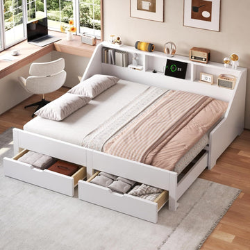 Wood Twin to King Daybed, Twin Size Day Bed with Pop Up Trundle & Storage Drawers, Modern Corner Bed Frame with