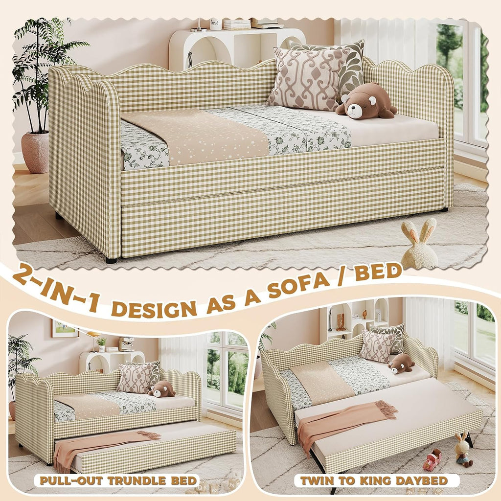 Twin Size Daybed with Pop Up Trundle, Twin to King Gingham Daybed with USB, Upholstery Adorable Wave Shaped Linen