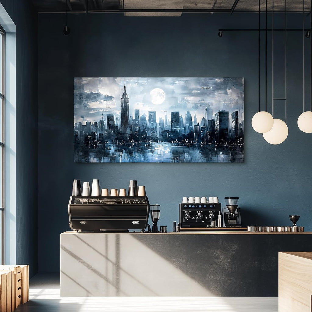 New York Skyline Wall Art Prints, City Night Landscape Large Canvas Painting, Abstract Urban Architecture Aesthetic