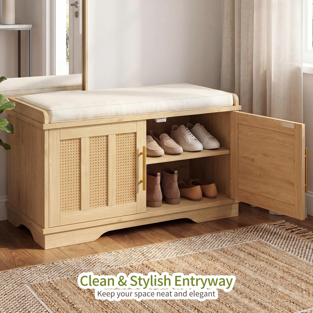 Shoe Cabinet with Bench, Rattan Storage Bench with Cushion