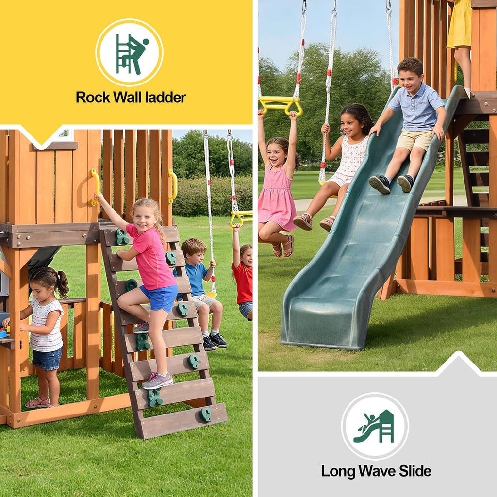 Cedar Wood Swing Set with Slide,Rock Wall,Belt Swings,Tic-Tac-Toe, Play Kitchen for Kids Backyard Outdoor