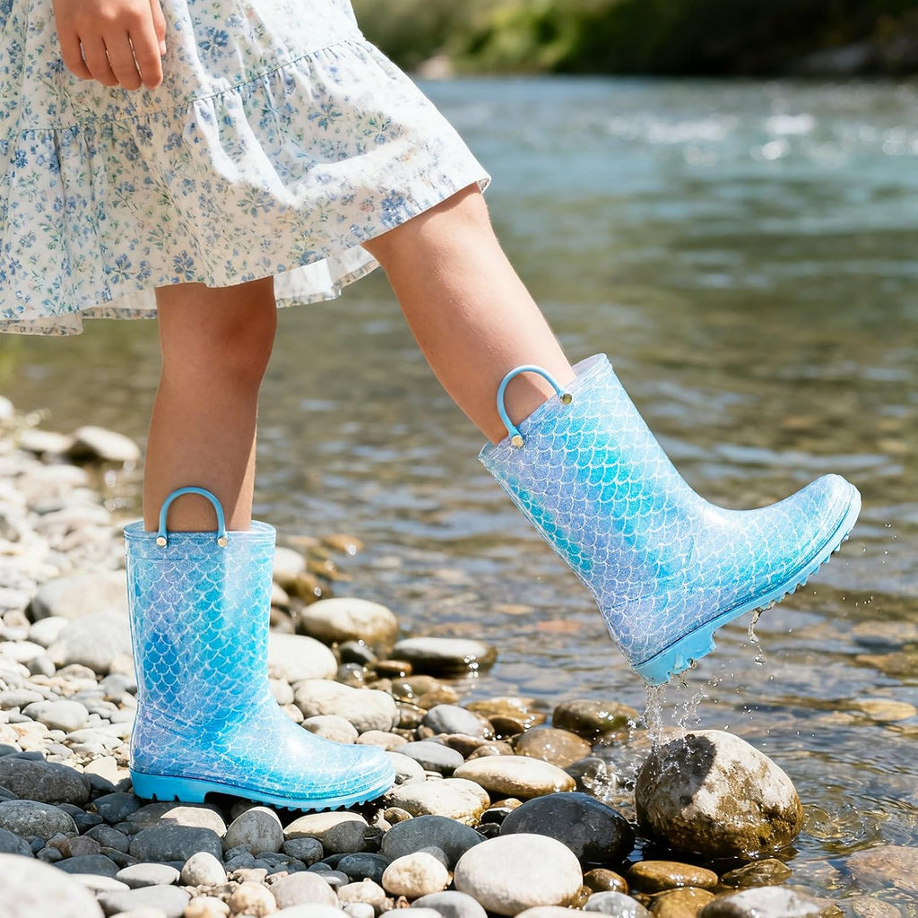 Toddler Rain Boots For Girls Waterproof Rainboots Little Girls Glitter Unicorn Rain Boots For Kids With Easy-On