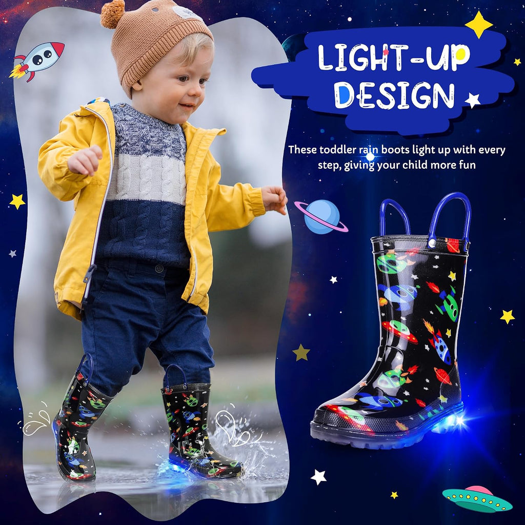 Toddler Rain Boots Boys Rain Boots - Patterns Light Up Kids Rain Boots with Easy-On Handles Lightwight Waterproof