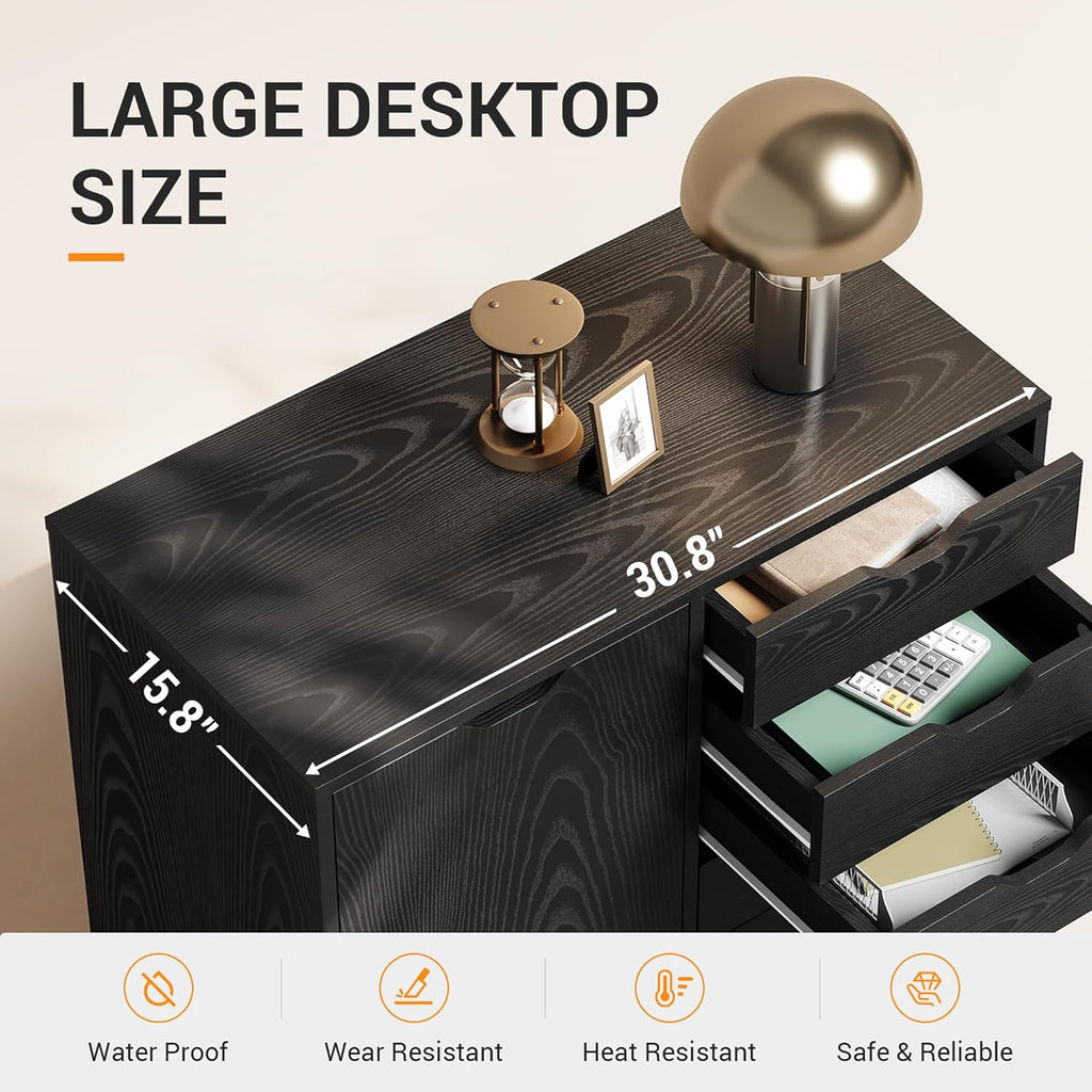 5-Drawer Wood Drawer Cabinet, Office Storage Cabinet, Black | Craft Storage Cabinet, Under Desk Drawer, Rolling Cart
