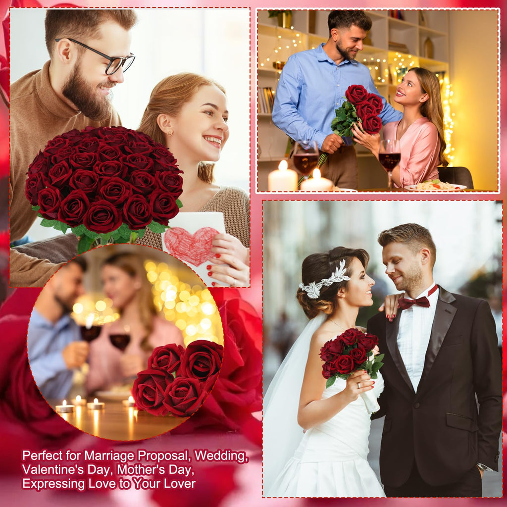 36 Pcs Velvet Texture Burgundy Artificial Flowers Bridal Bouquet