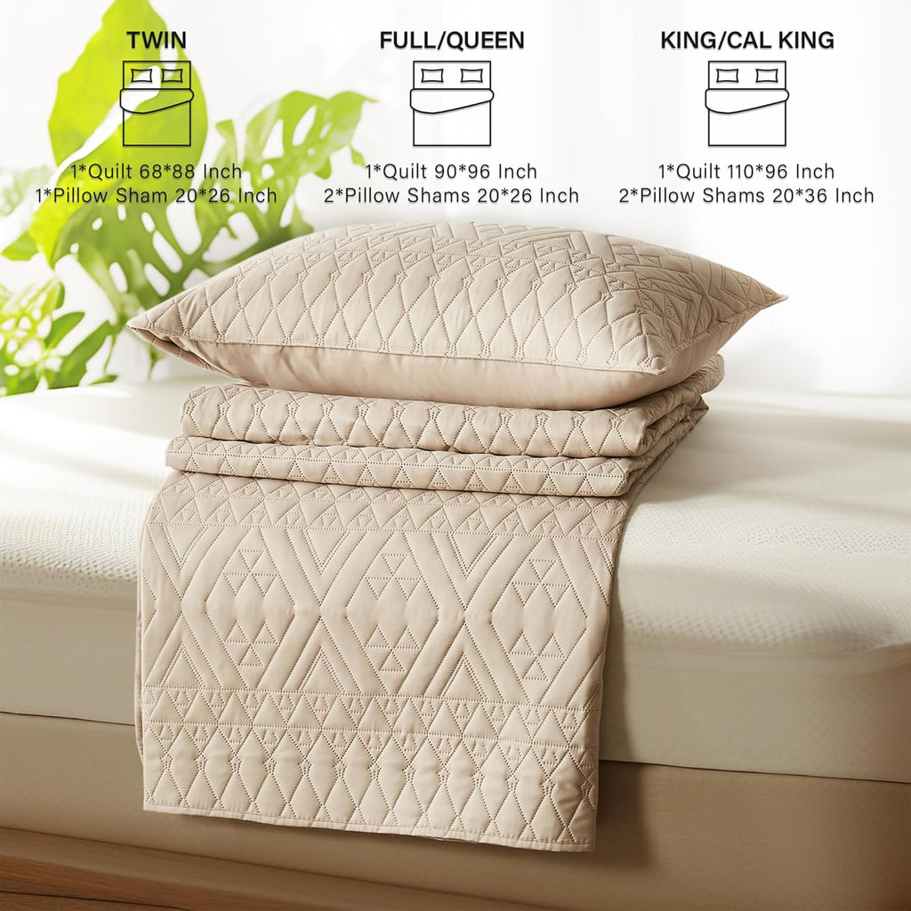 King/Cal King Quilt Bedding Set,Beige Lightweight Microfiber Soft Bedspread,Modern Style Geometric Pattern Coverlet