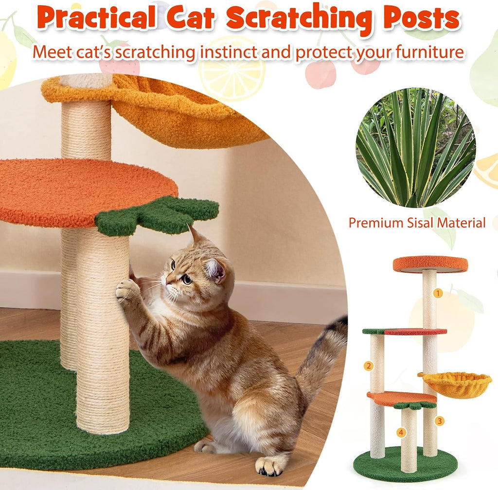 Fruit Cat Tree, Multi-Level Cute Cat Tower with Sisal Scratching Posts, Padded Top Perch, Rotatable Basket, Apple &