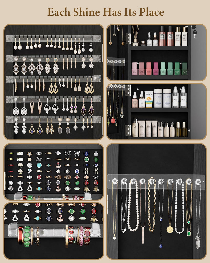 6 LEDs Jewelry Armoire with Frameless Full-Length Mirror, Black