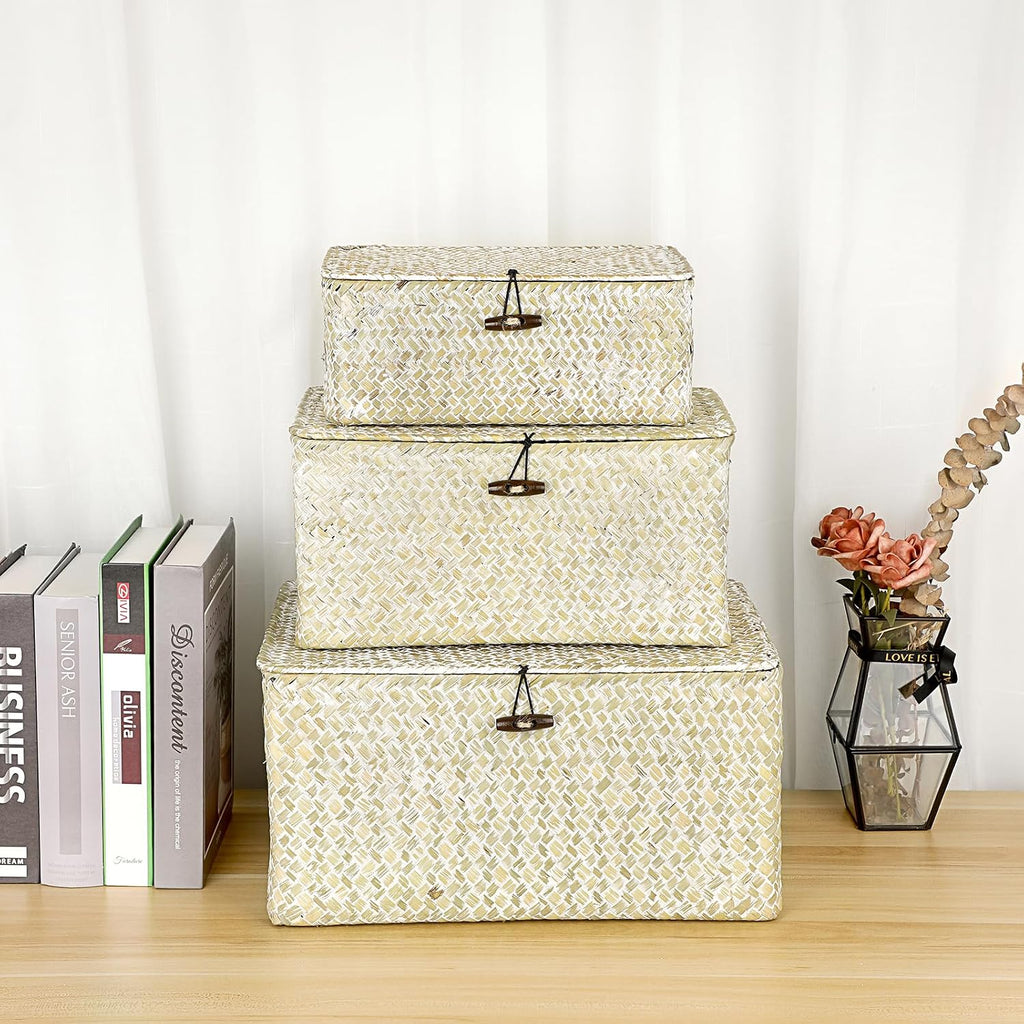 Seagrass Storage Basket Bins with Lid Handwoven Wicker Shelf Baskets | Rectangular Basket Household Organizer Boxes