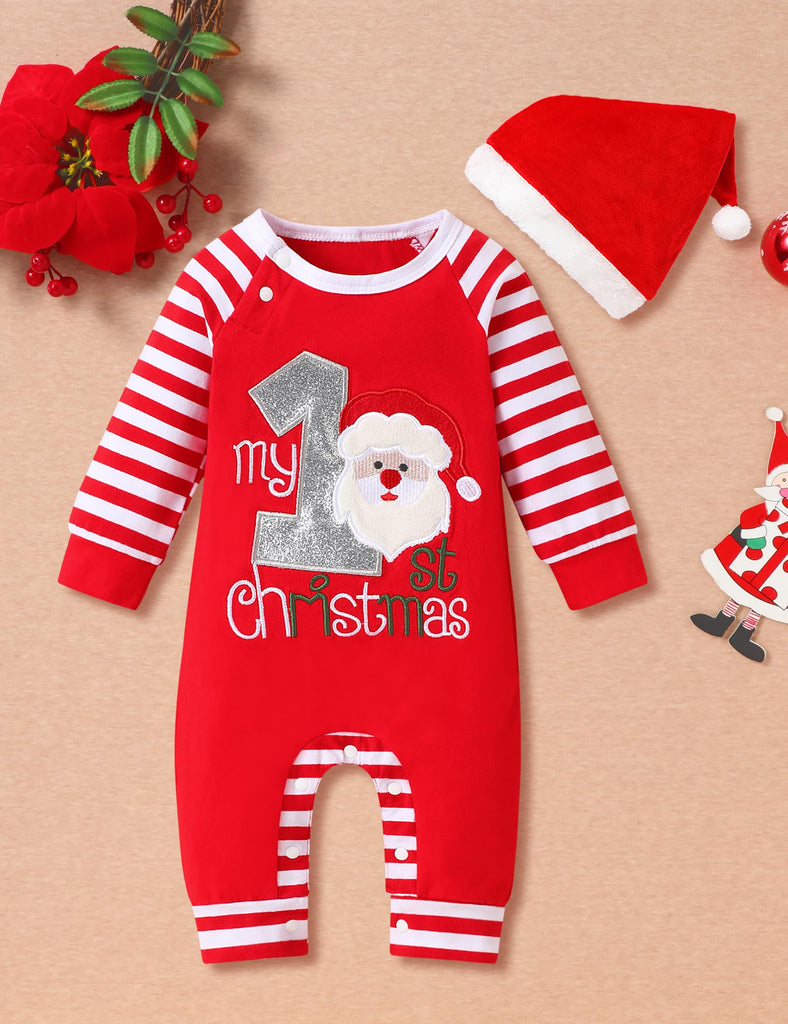 First Christmas Baby Boy Santa Claus Outfits Striped Long Sleeves Romper with Santa Hat 2PCS Outfits Christmas 6-9