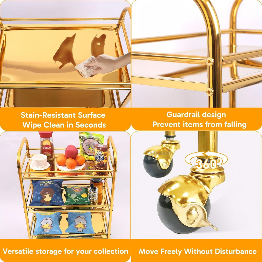End Table,3-Tier Stainless Steel with Upgrade Wheels | Gold Rolling Cart Kitchen Snacks Coffee Side Table Bar Cart