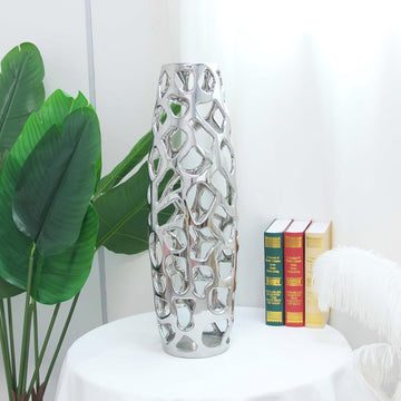 24'' High Ceramic Floor Vase Silver | Handmade Vase with Hand Carved Hollow Pattern for Decorative Branches and Dried