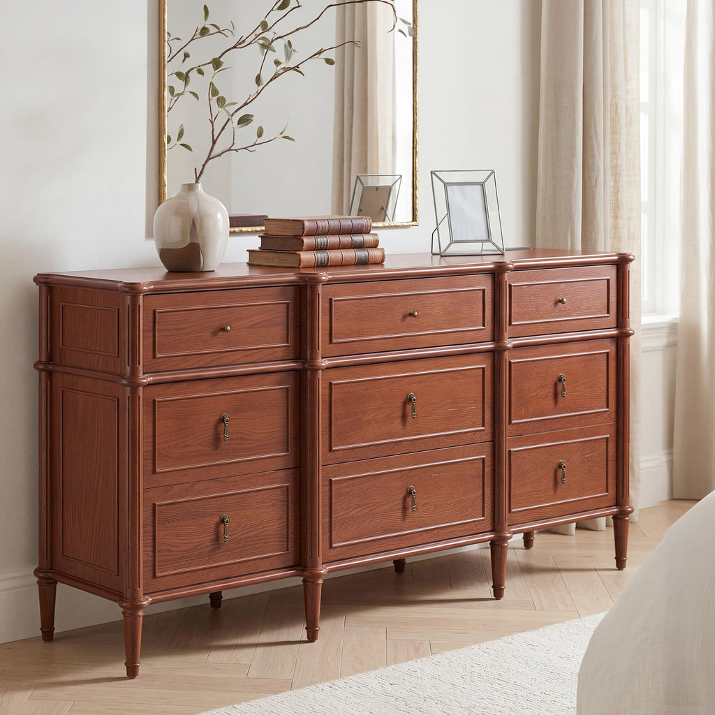 63" 9-Drawer with Power Outlet, Architectural Wood Storage Chest with Framed Drawers, Vintage Metal Pulls and Solid