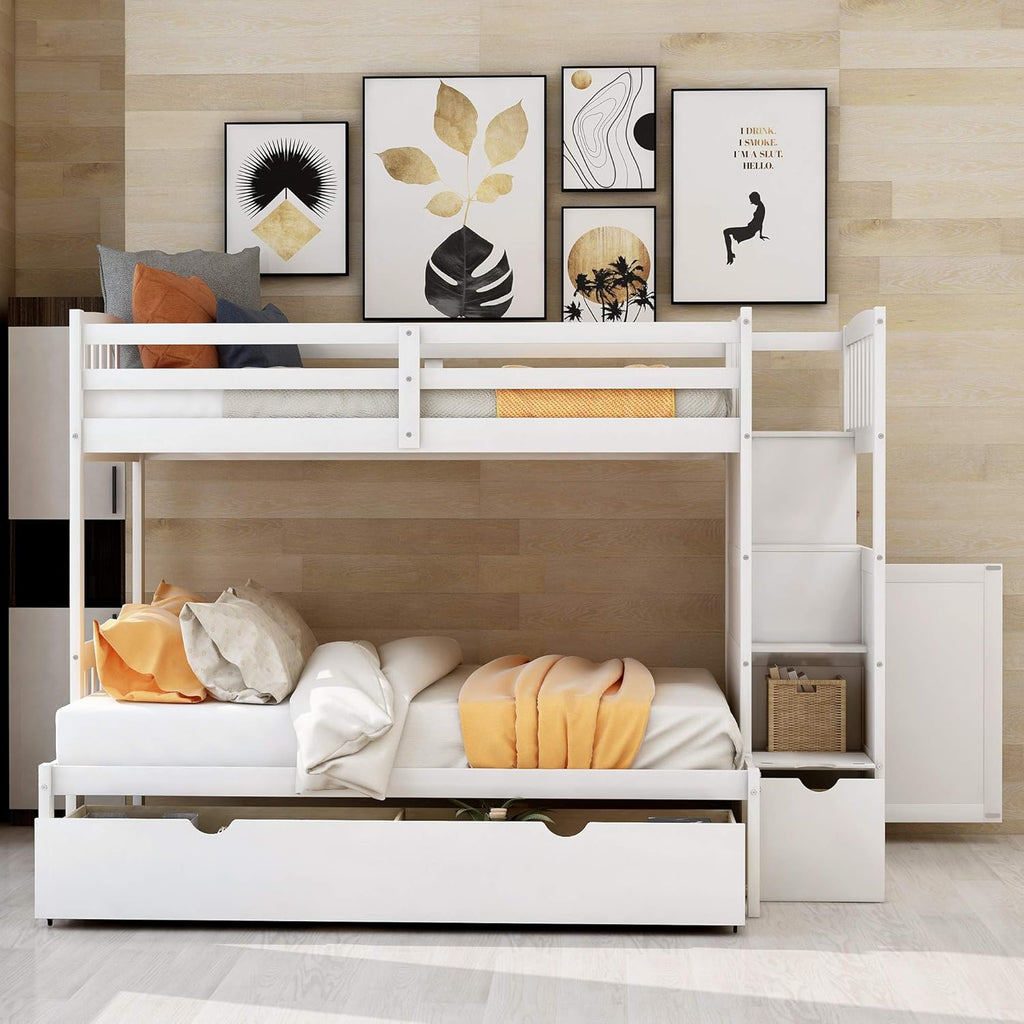 Twin Over Full/Twin Bunk Bed with 3 Drawers, 4 Storage and Cabinet Door
