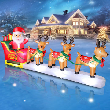12FT Long Christmas Inflatables Santa Claus on Sleigh with 3 Reindeer Yard Decoration, Cute Blow Up Santa Xmas Decor