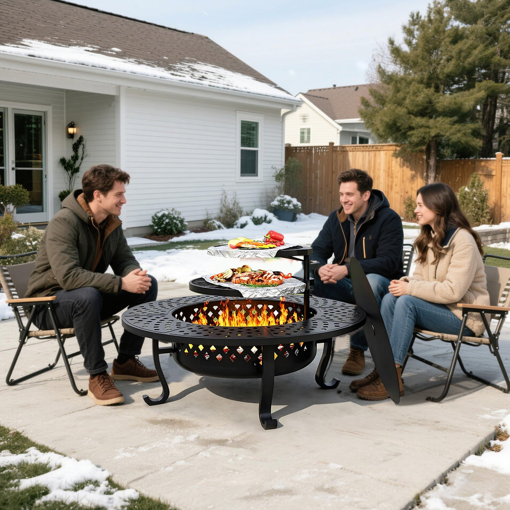 43" Outdoor Fire Pit with 2 Grill, Wood Burning Firepit for Outside with Lid & Fire Poker, Round Metal Table Backyard