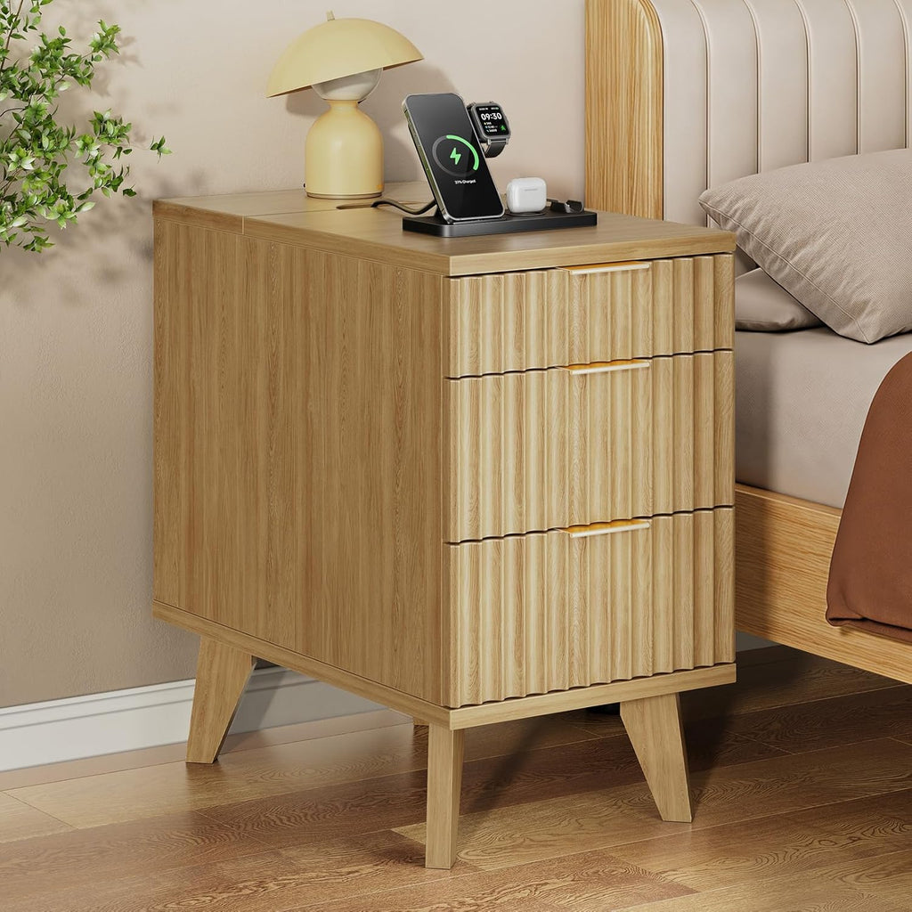 Narrow Nightstand with Hidden Outlets & USB Ports, Modern Fluted Bedside Table with 3 Drawers, Engineering Wooden End