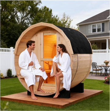 Outdoor Barrel Steam Sauna, 2-4 Person Canadian Pine Wood Saunas with Porch, Traditional Finnish Sauna Spa Room with