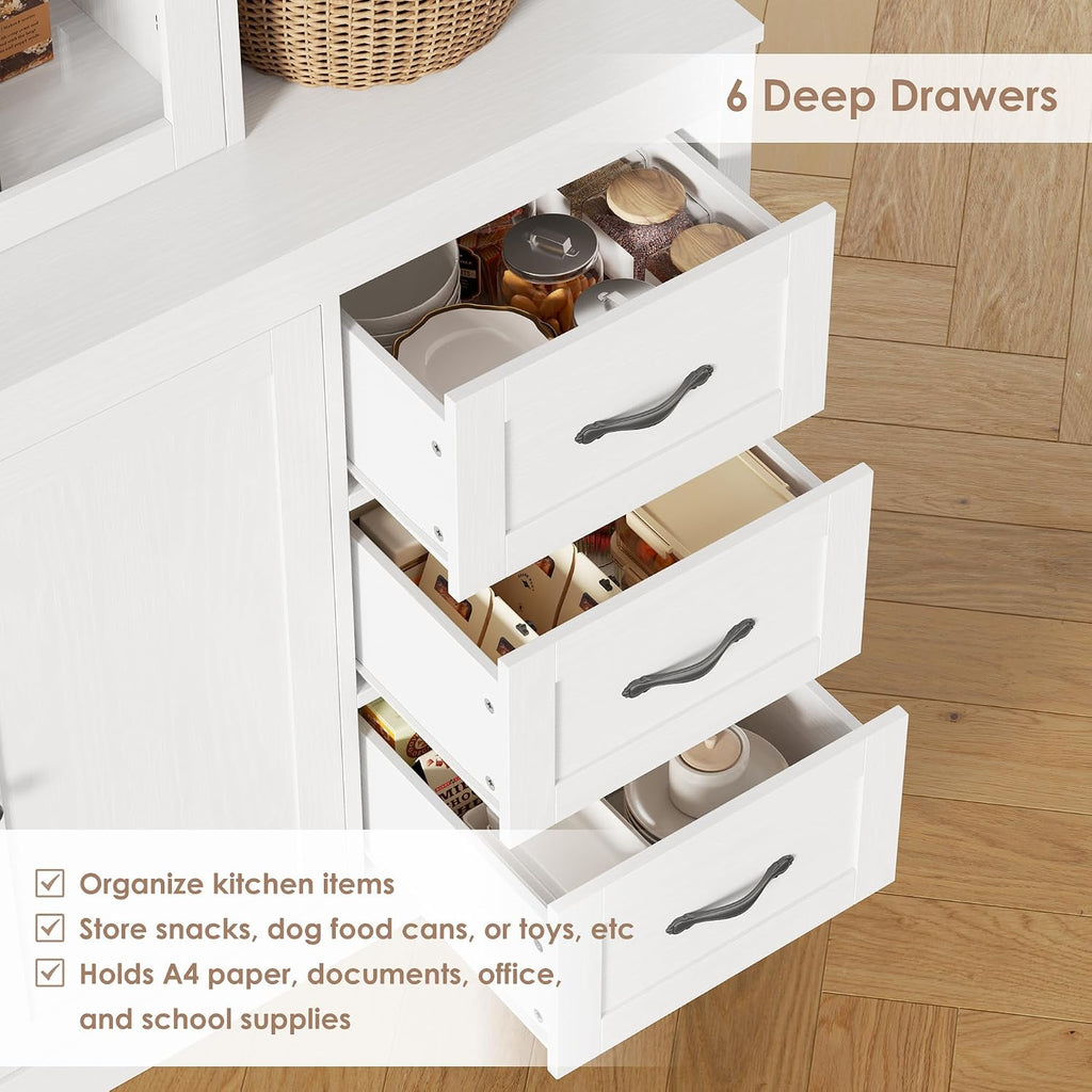 74.4''Hx63''W Large Pantry Cabinet,Kitchen Hutch Cabinet with Storage | Large White Bookcase with 6 Storage Drawers
