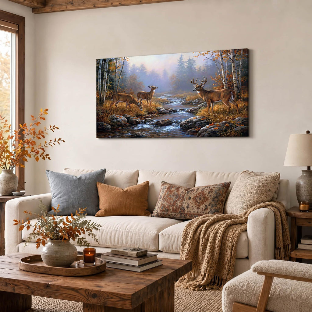 Deer Wall Art Autumn Forest Canvas Print Wildlife Landscape Painting Framed Yellow Rustic Nature Animal Pictures for