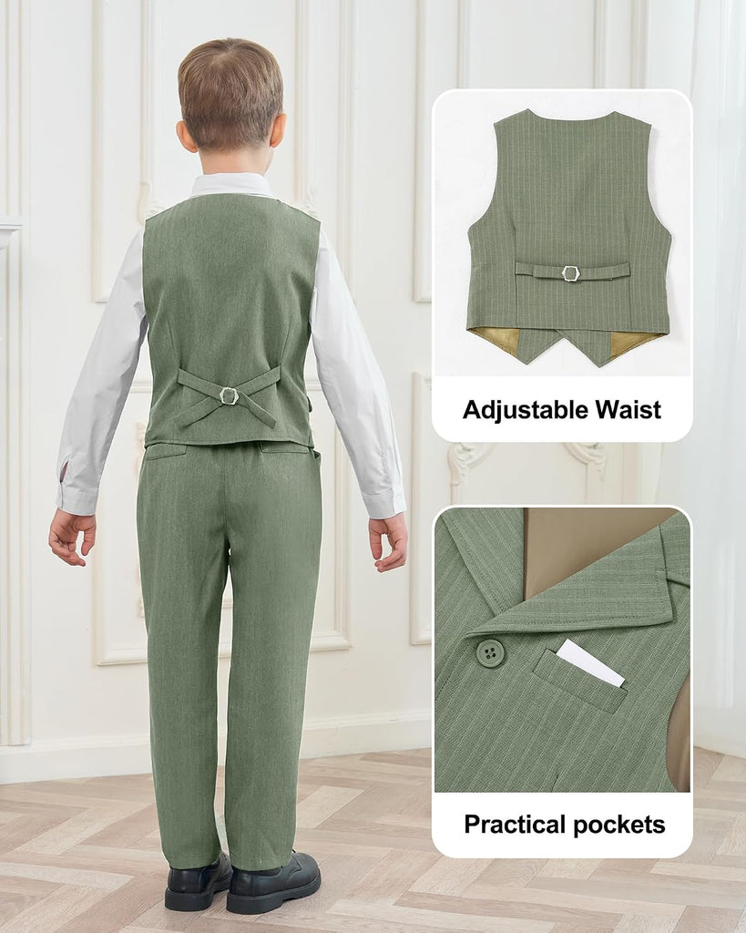 Boys Dress Clothes Piece Formal Suit Set, Vest, Pants, Dress Shirt, Bowtie and Boutonniere Kids Wedding Outfit