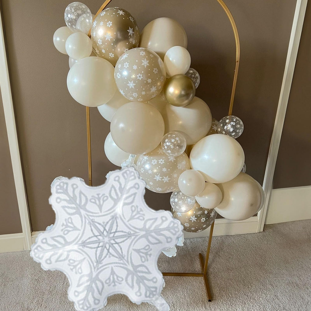 Snowflake Balloon Garland Arch Kit, Gold and White Sand Balloon Arch with Clear Snowflake Foil Balloons for Winter