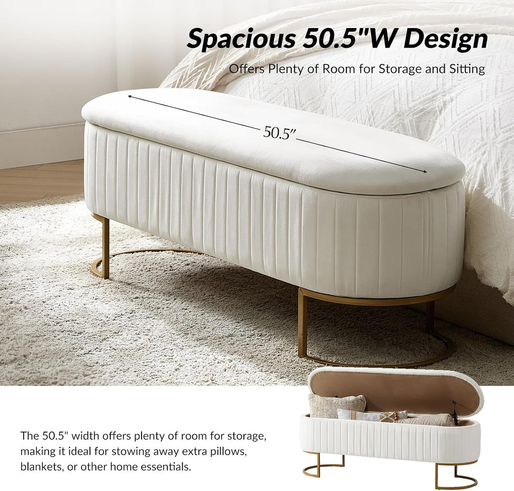 50.5" Velvet Storage Bench with Gold Legs, Modern End of Bed Bedroom Benches, Upholstered Flip Top Window Ottoman