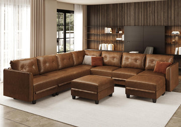 Brown Leather Modular Sofa Sectional Couch with Storage