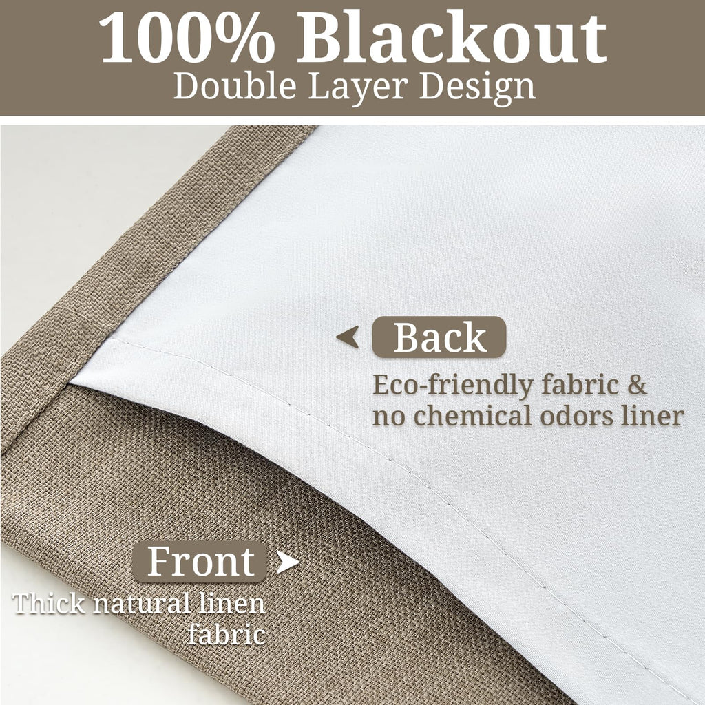 Taupe Pleated Linen Blackout Sliding Doors Curtains 4 Panels Set 84 Inches Long, Memory Trained Pinch Pleat Insulated