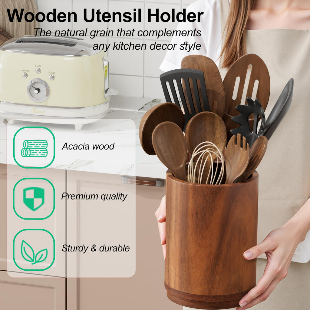 Utensil Holder, 360° Rotating Acacia Wood Kitchen Utensil Holder for Counter, 7.2" Large Cooking Utensil Crock