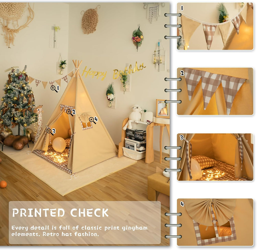 Teepee Tent with Padded Mat Bunting Banner Fairy Lights - Print Gingham Kids Play Tent with Carry Bay for Indoor