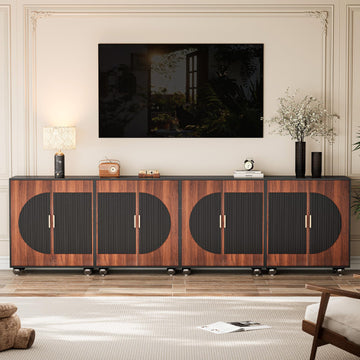 116" Fluted Modular Buffet Cabinet with Arched Doors & Gold Handles, Mid Century Modern Sideboard Credenza Storage