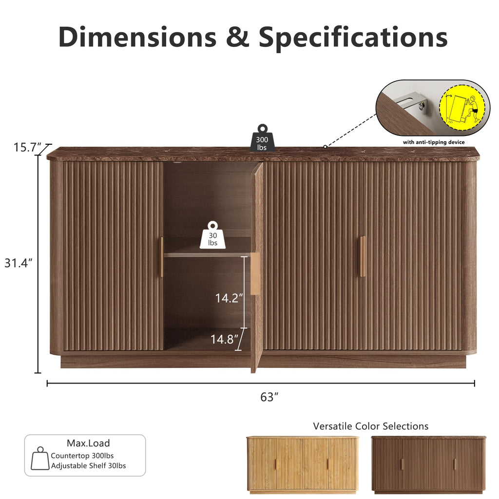 63" Fluted Sideboard Buffet Cabinet with Storage