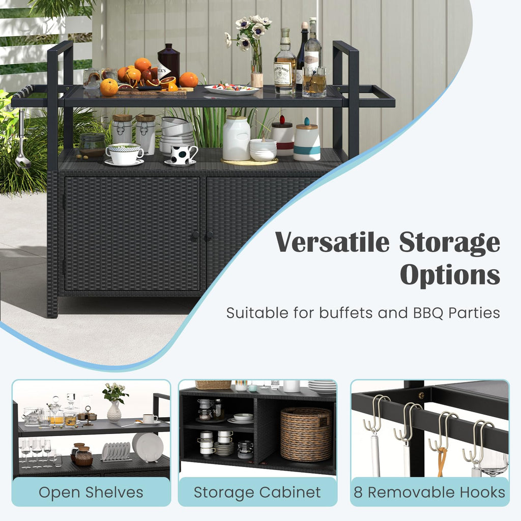 Wicker Rolling Outdoor Bar Cart with Tempered Glass Table, Black