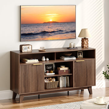 58" Fluted TV Stand with 4 Shelves and 2 Cabinets, Rustic Brown