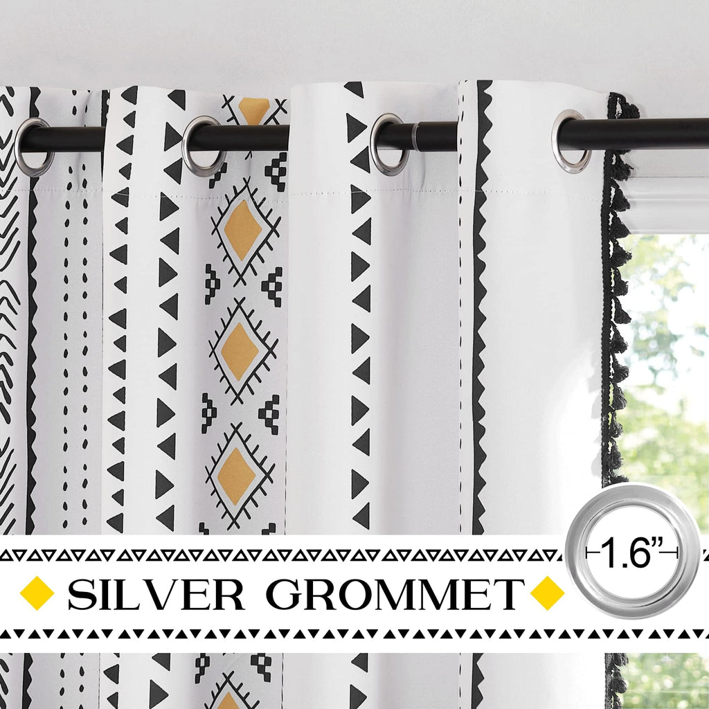 White Boho Fall Macrame Curtains 84 inch Long 2 Pieces, Grommet Decorative Thermal Curtains Yellow and Black Eclectic