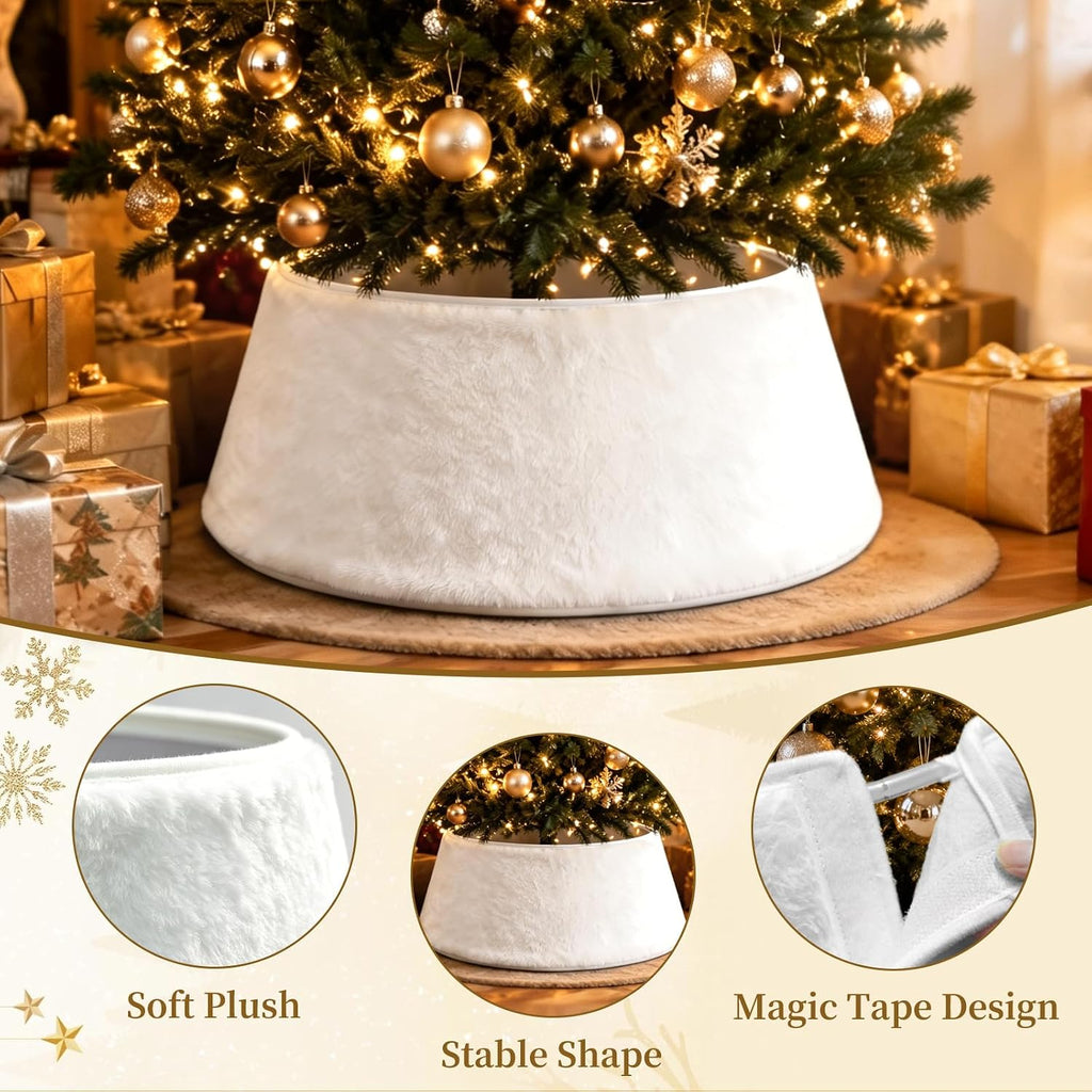 Christmas Tree Collar, 28 Inches Silky Fur White Tree Skirt with Plastic Stand for 6FT Trees, Boho Christmas Decor