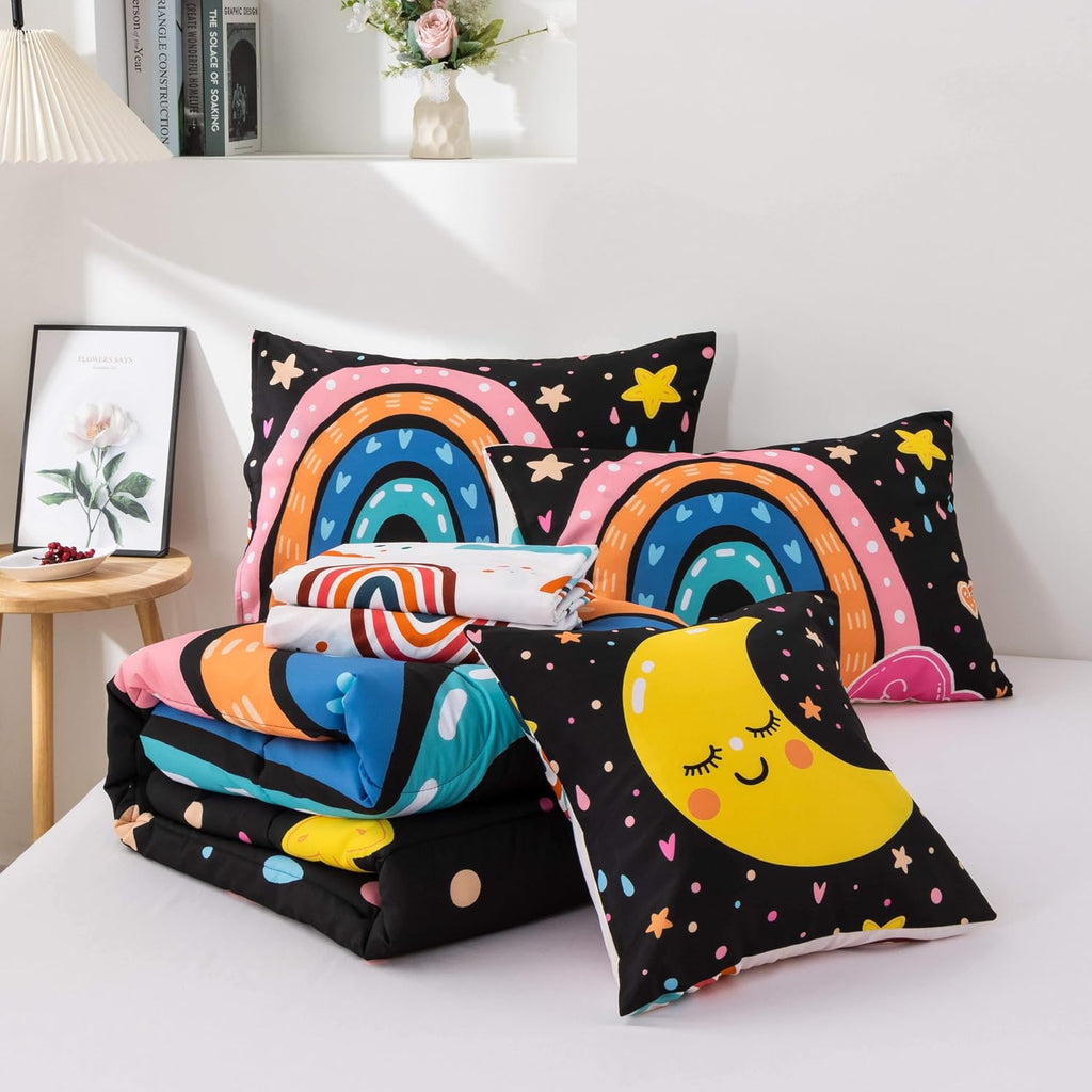 5 Piece Black Rainbow Comforter Set for Girls Boys Kids, Cartoon Cute Moon Stars Bedding Set, Bed in a Bag with Comforter, Sheets and Pillowcases,Twin