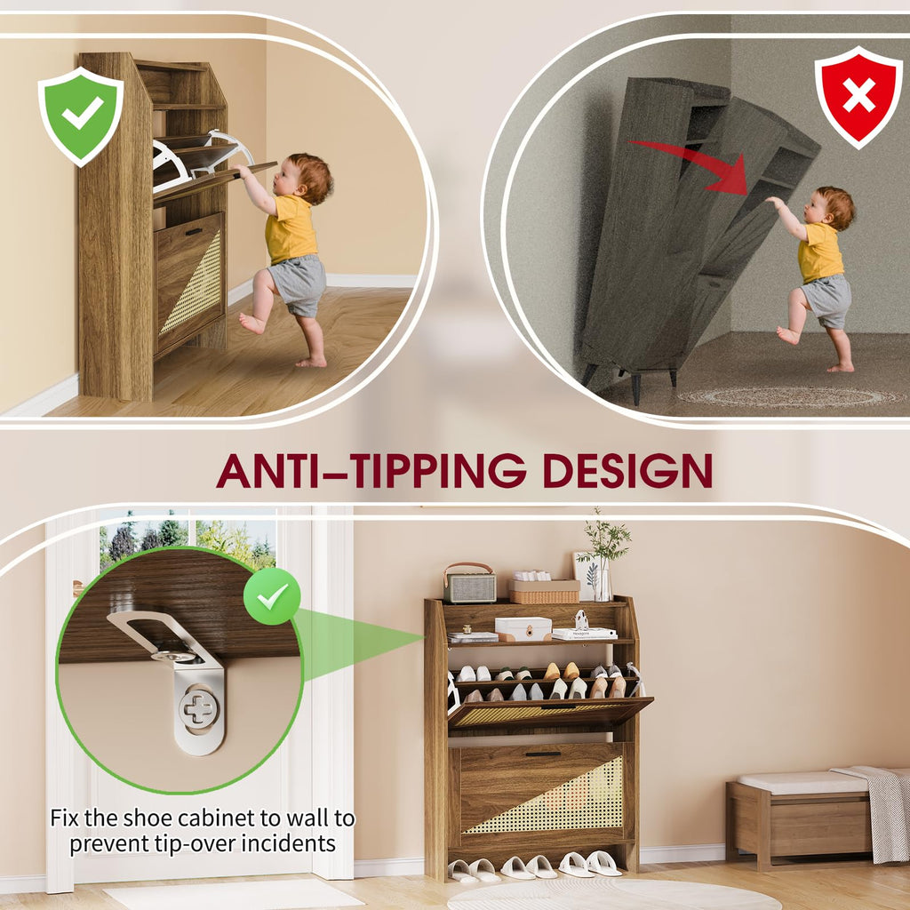 Rattan Shoe Storage Cabinet with 2 Flip Drawers, Wooden Shoe Cabinet with Adjustable Shelf, Narrow Shoe Rack