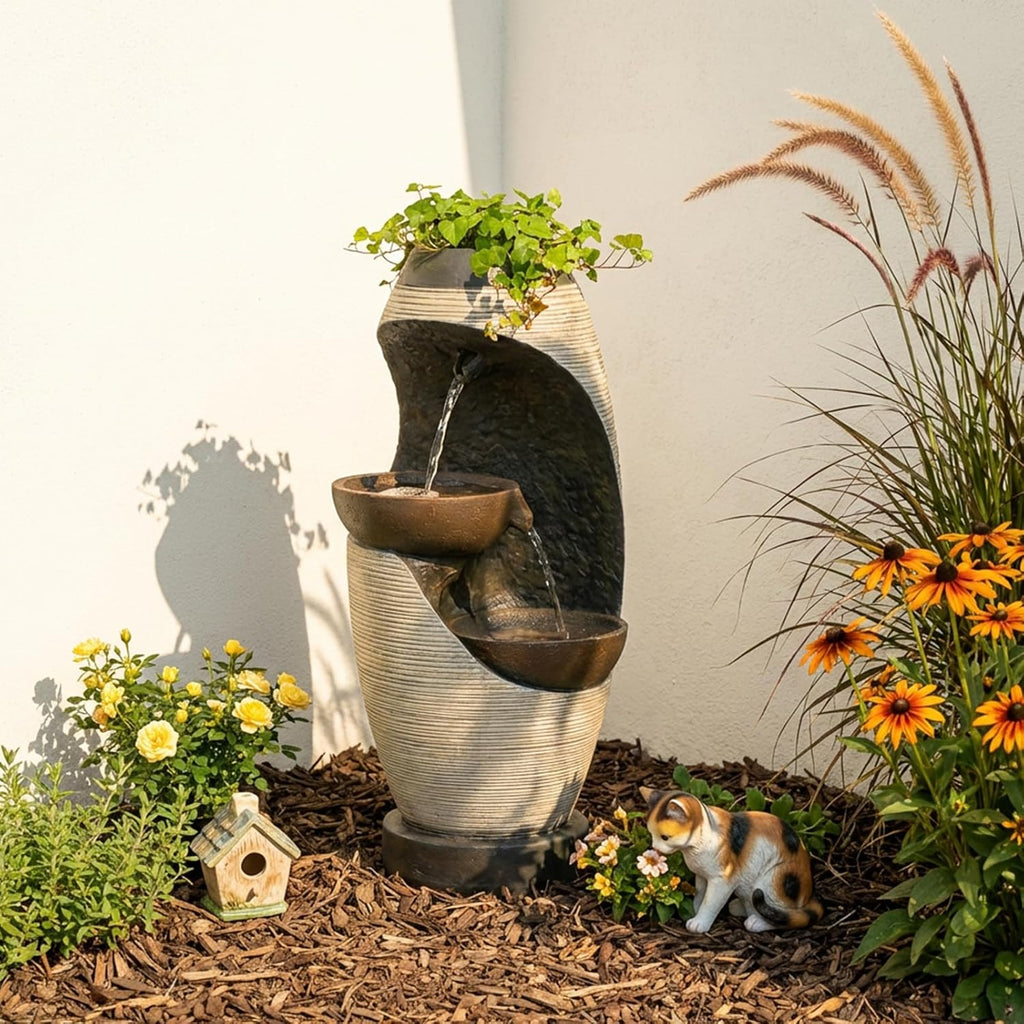 2-Tier Bowl Water Fountain with LED Lights, 27.95" Tall Freestanding Outdoor & Indoor Garden Waterfall Fountain