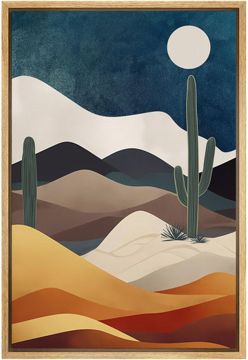 Framed Canvas Print Wall Art Midnight Moon Cactus Desert Dune Nature Wilderness Illustrations Decorative Bohemian