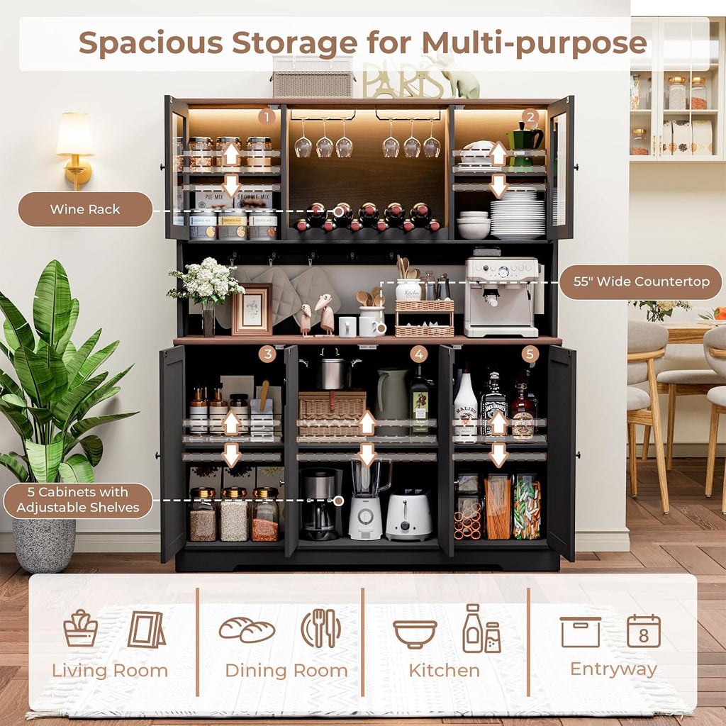 68" Tall Kitchen Pantry Storage Cabinet with Charging Station, 55" Wide Kitchen Hutch Cabinet with Large Countertop