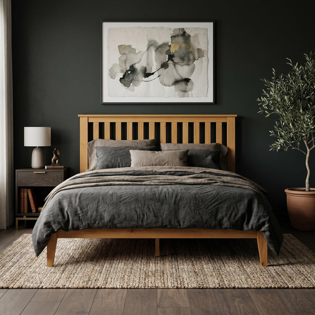 Wood Platform Bed - Pine, Queen, Bed & Mission-Style Headboard