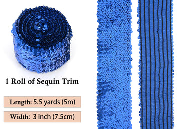 Elastic Sequin Trim, 3 Inch 8 Row Wide Flat Glitter Bling Fabric Paillette Sequin Ribbon, Metallic Stretch Sequin