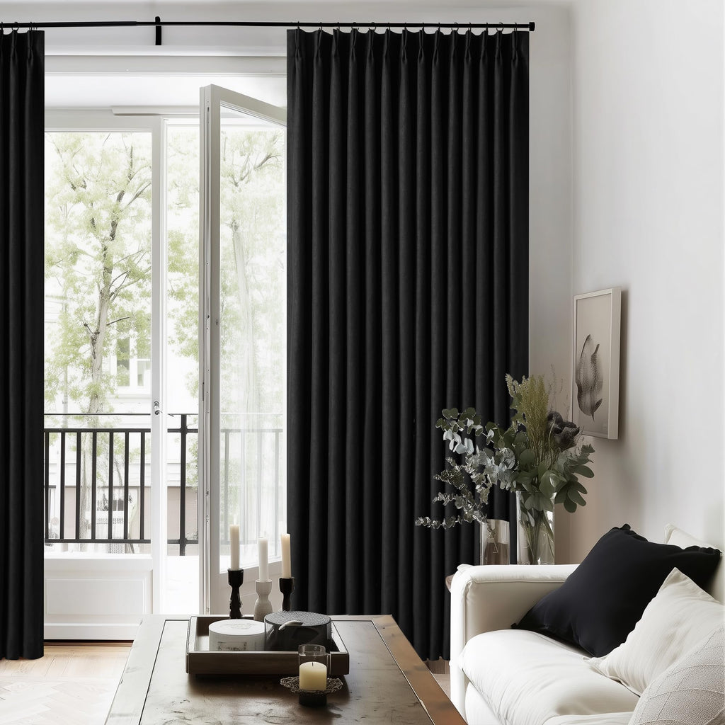 Black 100% Blackout Pinch Pleat Linen Curtains 108 Inches Long